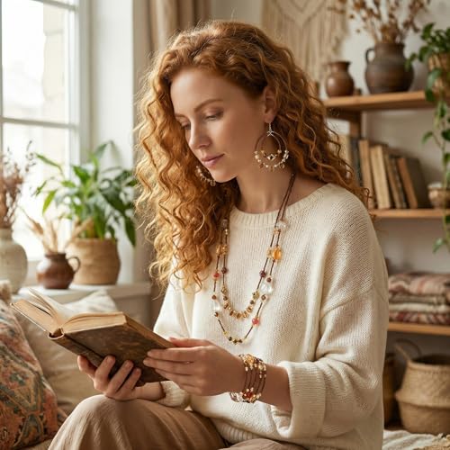 Bocar Bohemian Handmade Beaded Jewelry Set for Women 3 Pcs Layered Necklace Hoop Earrings Wrap Bracelet Set Boho Summer Vacation Jewelry Gift (NK-10834) - color: Brown