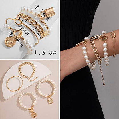 IFKM 6 PACK (24 PCS) Boho Gold Chain Bracelets Set for Women, 14K Gold Plated Multiple Layered Stackable Open Cuff Wrap Bangle Adjustable Link Italian Cuban Jewelry for Women Gift - style: 24 PCS Chains