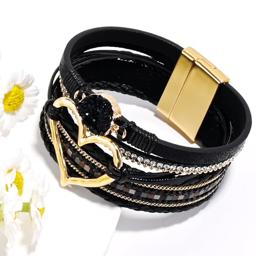 VIBILIA Boho Leather Wrap Bracelets for Women Multi-Layer Bracelets | With Strong Clasp Jewelry for Women - color: 01-Heart-Black