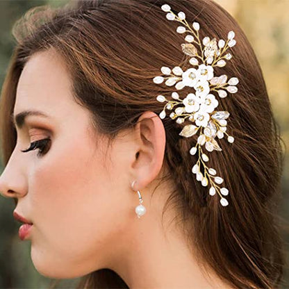 Unicra Flower Bride Wedding Hair Comb Leaf Gold Bridal Headpiece Pearl Hair Accessories Crystal Hair Piece Jewelry for Women (B Gold) - color: B Gold