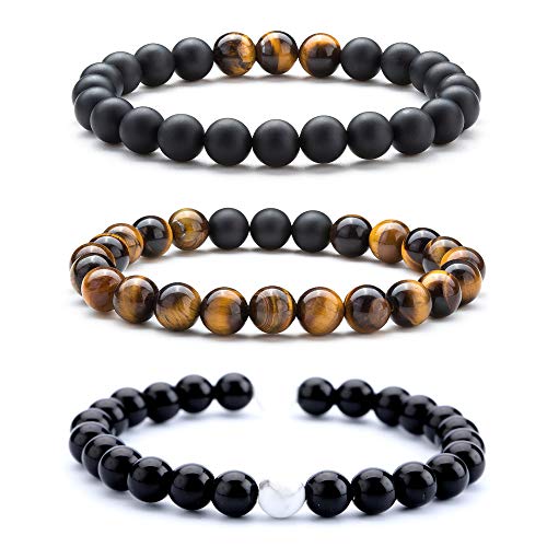 Men Women 8mm Tiger Eye Stone Beads Bracelet - color: B-3 Pcs Set 2-21003