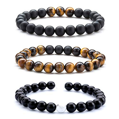Men Women 8mm Tiger Eye Stone Beads Bracelet - color: B-3 Pcs Set 2-21003