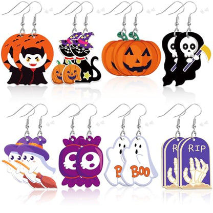 8 Pairs Halloween Acrylic Earrings for Women Spooky Dangle Jewelry | Pumpkin Ghost Candy Earrings, Halloween Jewelry Gifts Party Accessories, Lightweight Acrylic, Double Side Design - style: Halloween
