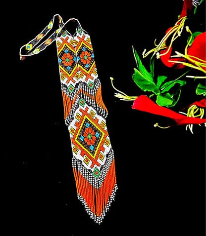 Long Beaded Necklace – Boho Native Handmade Seed Bead Tassel Necklace, Bohemian Large Statement Beaded Necklace for Women - color: Black Orange
