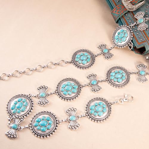 Montana West Rustic Couture's Turquoise Western Concho Chain Belt for Women | Large Western Cowgirl Metal Adjustable Boho Body Chain Belt for Dresses Jeans Country Concert - color: Turquoise
