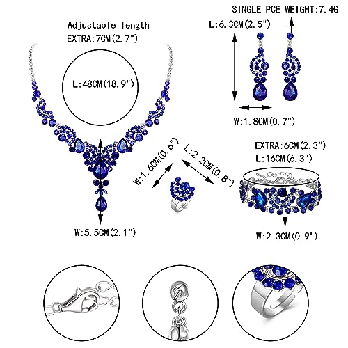 EVER FAITH Rhinestone Crystal Bridal Floral Wave Teardrop Necklace Earrings Set - color: 4pcs_Royal Blue