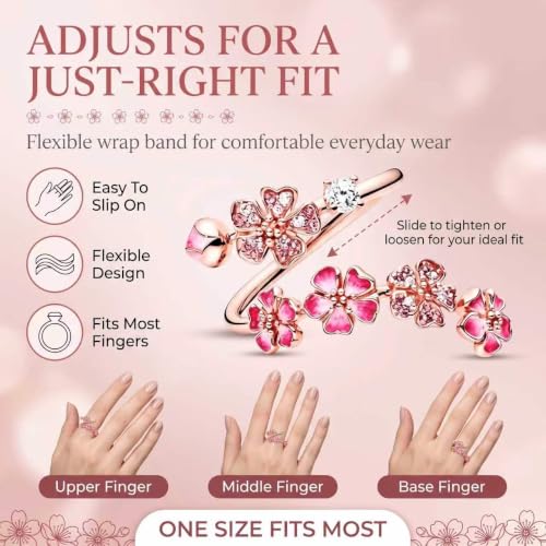 Peach Blossom Ring, Pink Adjustable Flower Open Crystal Rings for Women, Dainty Floral Rings for Vacation, Wedding - color: Pink