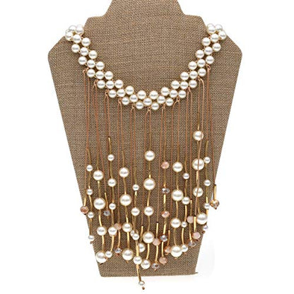 utop JNF Hand made Pearl Statement Necklace for Women Rhinestone Multilayer Crystal Necklaces Chunky Pearl Necklace Large Pearl Necklace and Earrings Set for Mother Mom's gift - color: bib pearl necklace white