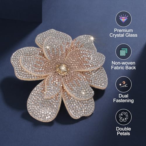3.74 Inches Rhinestone Camellia Flower Brooch Pins & Hair Clips for Women Elegant Created Crystal Lapel Pin Brooches Wedding Party - color: Champagne & White