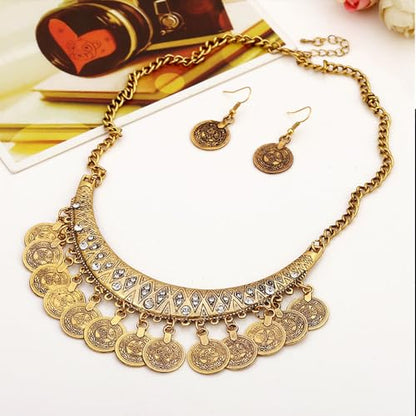 Chunky Coin Necklace Earrings Set,Bohemia Plated Gold Coin Tassel Personalized Choker Earrings,Ethnic Gypsy Statement Jewelry Set for Women - color: Gold