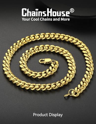 ChainsHouse Miami Cuban Link Chain Necklace for Men, Stainless Steel | 4.8/6/10/14mm Widths, Black/14K Gold Plated Finishes, Hip Hop Style, Daily Wear, Gift Box Included - color: Gold Plated