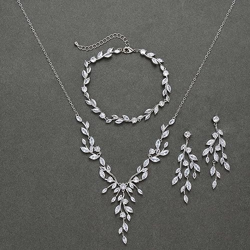 SWEETV Jewelry Set for Women, Cubic Zirconia Marquise Vine Cluster Bridal Earrings and Necklace Set, Bridal Jewelry Set for Wedding Prom - color: S11 Silver