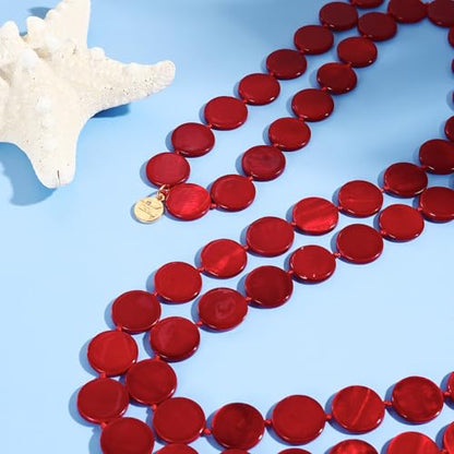 Firstmeet Flat Round Coin Shell Beads Long Knotted Necklace Natural Mother of Pearl Handmade Jewelry For Women - color: Red
