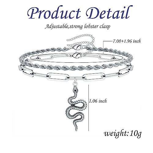 2PCS Boho Layered Snake Chain Ankle Bracelet Set for Women,Adjustable Chunky Snake Pendant Paperclip Chain Ankle Bracelet Trendy Beach Jewelry