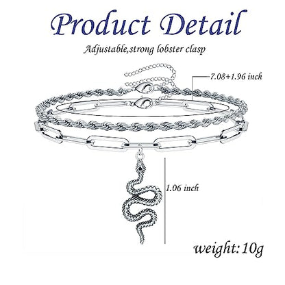 2PCS Boho Layered Snake Chain Ankle Bracelet Set for Women,Adjustable Chunky Snake Pendant Paperclip Chain Ankle Bracelet Trendy Beach Jewelry