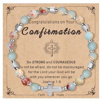 Natural Stone Stretch Bracelet for Women - Holy Water Elastic Cross Bracelet | Christmas Christian Baptism Gift, Meaningful Gifts, Unique Gift for Friends Mom Daughter Sister - style: cross-Confirmation