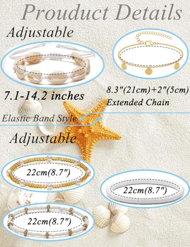 Shell Ankle Bracelet Set for Women Gold Boho Bead Anklets Summer Hawaiian Beach Seashell Pearl Disc Double Heart Starfish Conch Layered Foot Chain Jewelry Adjustable - style: A: Disc