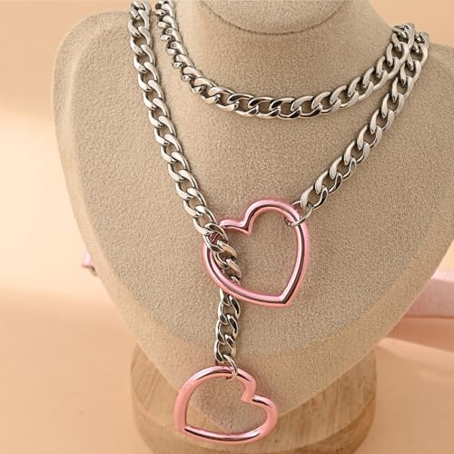Leather Choker Slip Chain Necklace Stainless Steel Cuban Link Long Necklaces Gothic Punk Heart Chain Necklace Handmade Collars for Women - color: Pink+Silver
