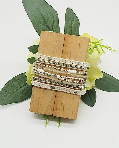 Bracelet for Women – Handmade Vegan Boho Natural Stone Layered Bracelet, Thailand Bohemian Stackable Beaded Wrap Bracelets, Summer Hippie Bracelet Stack, Fashion Jewelry Gifts - color: A13-Chantilly lace