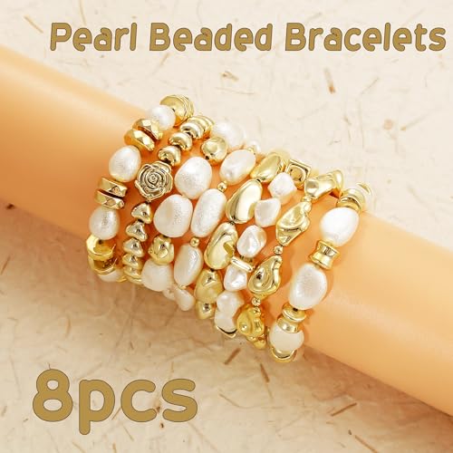BROCC 8PCS Gold Beaded Bracelets for Women Simulated Pearl Beaded Bracelets | Simulated Pearl Beaded,Lightweight Feel,Durable Elastic Cord Design,Comfortable Fit for Most Wrists,Stylish and Versatile
