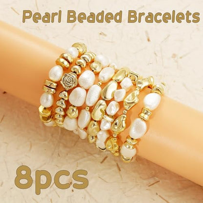 BROCC 8PCS Gold Beaded Bracelets for Women Simulated Pearl Beaded Bracelets | Simulated Pearl Beaded,Lightweight Feel,Durable Elastic Cord Design,Comfortable Fit for Most Wrists,Stylish and Versatile