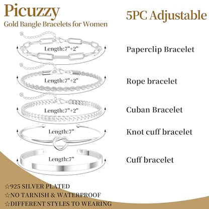 14K Gold Plated Stackable Bangle Bracelets Set for Women | Cuff Bracelet Stackable Bangles Bracelet for Women Trendy Fashion Accessories Tie Knot Cuban Rope Paperclip Beaded Bracelets - color: 5-layer F SL