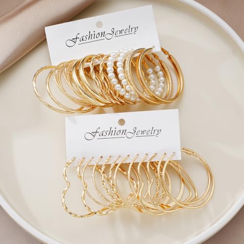 12 Pairs Chunky Gold Hoop Earrings for Women Trendy, Gold Plated Lightweight Hypoallergenic Stack, Thick Open Twisted Huggie Hoops Earring Set - color: 12 Pairs Gold Big Dainty