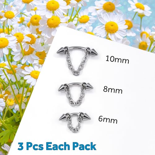3 Pcs 316L Stainless Steel 16G Tragus Helix Rook Piercing Jewelry with Chain, Cartilage Earrings for Women, Belly Button Ring Vertical Labret Lip Piercing Jewelry - color: Silver, size: Cone