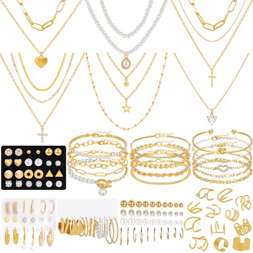 NEWITIN 69 Pieces Gold Jewelry Set for Women Fashion Costume Jewelry Gold Plated Necklace Bracelet Earrings Set for Women - color: Gold Jewelry Set B