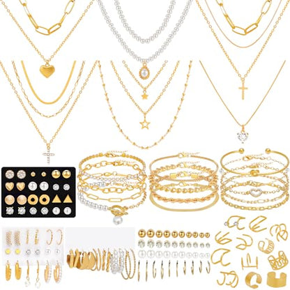 NEWITIN 69 Pieces Gold Jewelry Set for Women Fashion Costume Jewelry Gold Plated Necklace Bracelet Earrings Set for Women - color: Gold Jewelry Set B