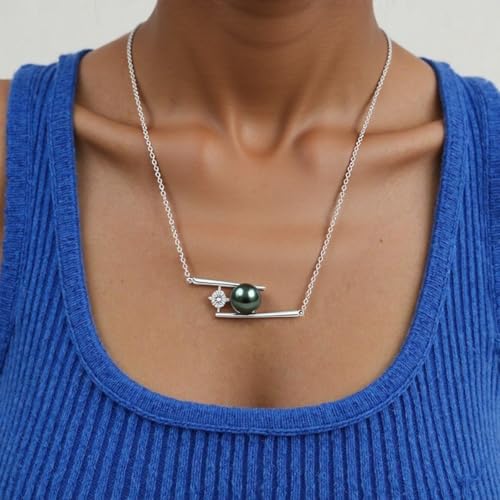 Genuine Tahitian Black Pearl Necklace for Women, 9-11mm AAAA Seawater Pearl with Sterling Silver Moissanite Pendant, Jewelry Gift for Wife, Mom, Girlfriend, Wedding Anniversary, Birthday, Christmas - size: 9-10mm, style: Asymmetric Bar Design