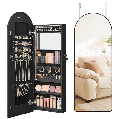 SONGMICS Wide Jewelry Organizer, LED Jewelry Cabinet Wall/Door Mounted, Arched Mirror with Storage, Lockable, Rounded Corner, Interior Mirror, 3.9 x 16.5 x 42.5 Inches, Ink Black UJJC020B01 - color: Ink Black, size: 42.5"H, style: Arched Mirror