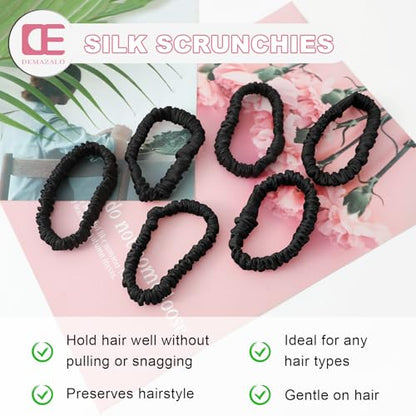 6Pcs Silk Hair Ties 100% Pure Mulberry Silk Scrunchies for Women Girls | No Hair Crease, Anti Frizz, Gentle Hold, No Damage, Black*6 - color: Black