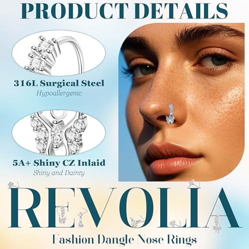 REVOLIA 20PCS 20G Dangle Nose Rings for Women Surgical Steel Dangling Nose Rings L Shaped Nose Studs Hoops CZ Flower Butterfly Heart Nose Piercing Jewelry - color: Silver