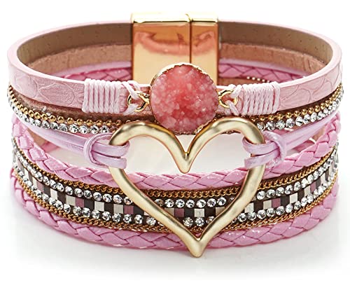 Suyi Multilayer Leather Wrap Bracelet Heart-Shape Wide Bracelets for Women - color: Pink