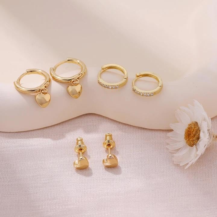 Gold Plated Earrings for Women, 14k Gold Plated Earring Stack Hypoallergenic Pearl Drop Earring Dainty Earrings for Women Trendy Cute Small Huggie Hoop Earring Fashion Womens Jewelry - color: SET24