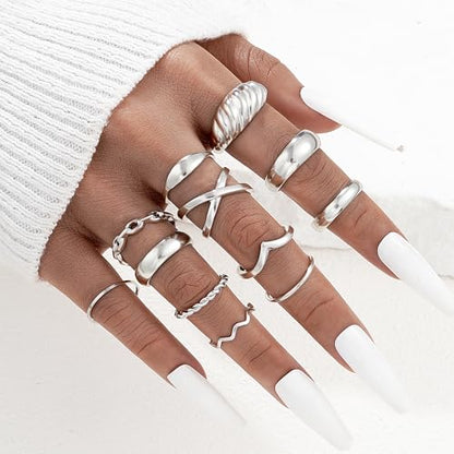 YEEZII 25 Pcs Gold Knuckle Rings Set for Women, Cute Stackable Finger Midi Rings, Dainty Gold Chunky Stacking Statement Womens ring pack - color: Silver-A-25 Pcs