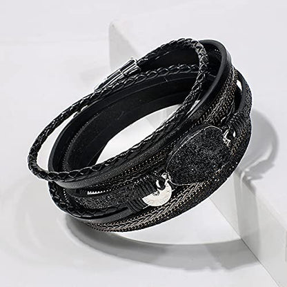 Artilady Leather Wrap Bracelet for Women, Pearl Beaded Bangle Stack Jewelry | Easy on-off, Elegant Handmade Multi-Layered, Daily Casual Date Beach Vacation, Gift for Ladies, Mother, Sister & Friend - style: Black with druzy