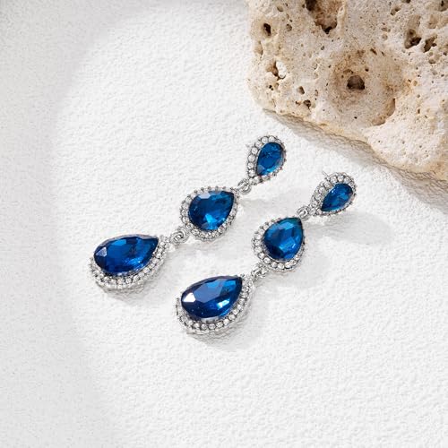 EleQueen Women's Crystal Teardrop Pear Shape 2.5 Inch Long Earrings | Dangle Earrings for Women, TearDrop Crystals Earrings for Bride Bridesmaid, Prom Jewelry for Wedding - color: 09-Blue