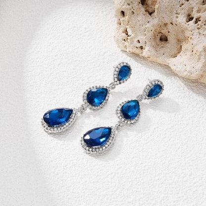EleQueen Women's Crystal Teardrop Pear Shape 2.5 Inch Long Earrings | Dangle Earrings for Women, TearDrop Crystals Earrings for Bride Bridesmaid, Prom Jewelry for Wedding - color: 09-Blue