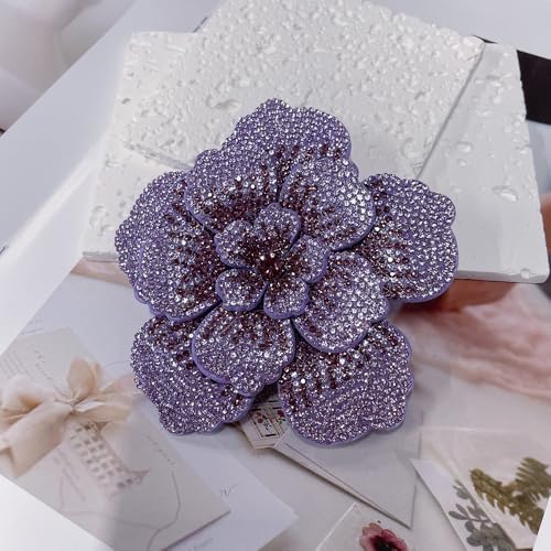 Rhinestone Flower Brooch Pin for Women Men Elegant Sparkly Crystal Camellia Floral Lapel Pins Shawl Dress Suit Clothes Accessories Wedding Party Fashion Jewelry 105mm - color: Light Purple