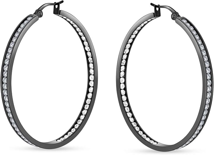 Stainless Steel Inside Out 40mm Hoop Earrings for Women – Sparkling CZ Crystal Hoops, Hypoallergenic, Lightweight, Modern Everyday Earrings – Silver, 18K Gold Plated, & Black Options - color: Black