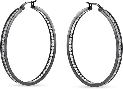 Stainless Steel Inside Out 40mm Hoop Earrings for Women – Sparkling CZ Crystal Hoops, Hypoallergenic, Lightweight, Modern Everyday Earrings – Silver, 18K Gold Plated, & Black Options - color: Black