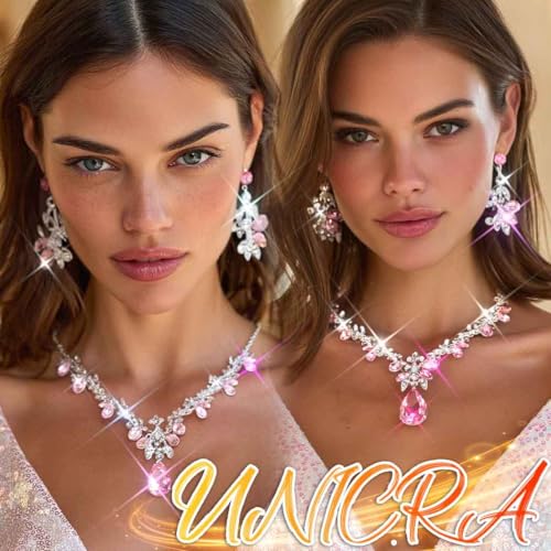 Rhinestone Bridal Wedding Jewelry Sets Gold Necklace Earrings Set Leaf Prom Formal Costume Jewelry Set for Women and Brides - color: Pink
