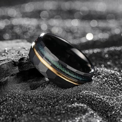 King Will Black Tungsten Rings for Men Hammer Wedding Band | Black, Grooved, Hammer Wedding Band Gold Groove, Sand Inlay, Everyday Wear - color: Black & Blue Green Sand Inlay
