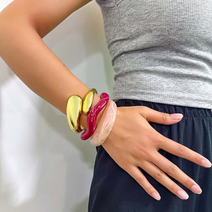 2PCS Chunky Acrylic Bracelet for Women Large Square Resin Cuff Vintage Open Bangle Bracelets Wide Geometric Jewelry - style: D-Gold+Pink+Red