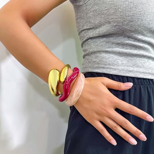 2PCS Chunky Acrylic Bracelet for Women Large Square Resin Cuff Vintage Open Bangle Bracelets Wide Geometric Jewelry - style: D-Gold+Pink+Red