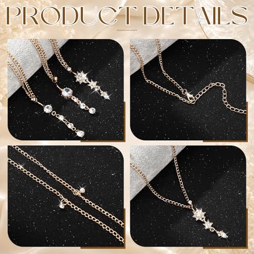 Hicarer 3 Pieces Crystal Belly Ring with Chain Rhinestone Waist Body Chain Bikini Belly Jewelry Beach Accessories Jewelry for Women Adults - color: Gold, style: Attractive Style
