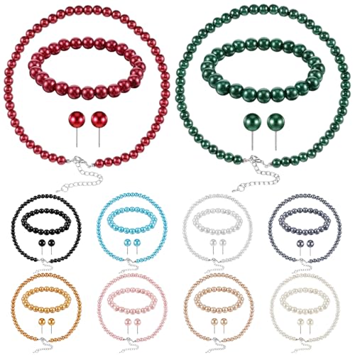 Set of 10 Faux Pearl Necklaces, Bracelets & Stud Earrings Jewelry Collection - 10mm Round Glass Simulated Pearls in Assorted Colors, Classic Costume Pearl Necklaces Gift for Women