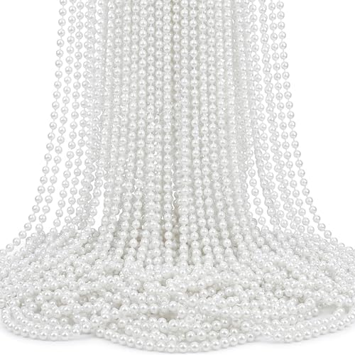 Hicarer 24 Pcs White Faux Pearl Necklaces Bulk White Beaded Necklaces 31.5 Inch for Women Girls Mardi Gras Wedding Bridal Birthday Tea Party Decorations